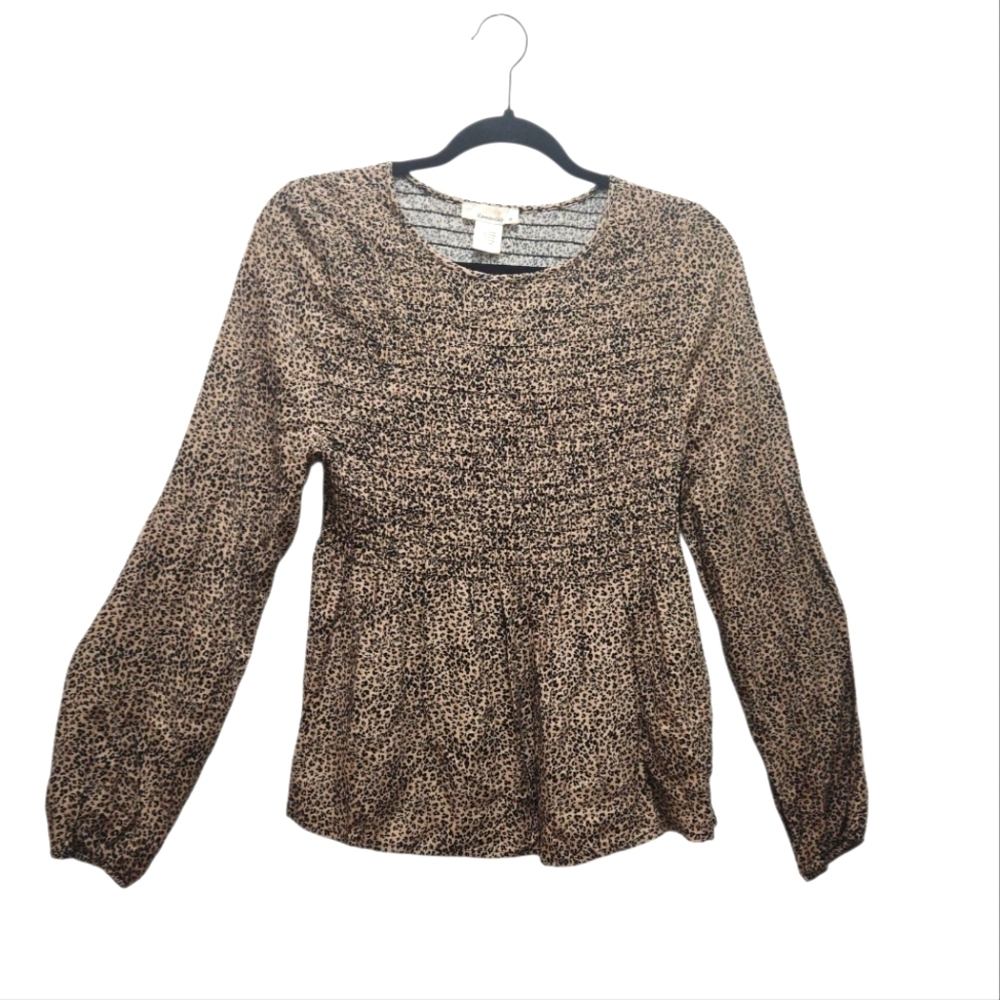 URBAN Romantics Brown Black Leopard Print Blouse Smocked Bodice Long Sleeve Sz M